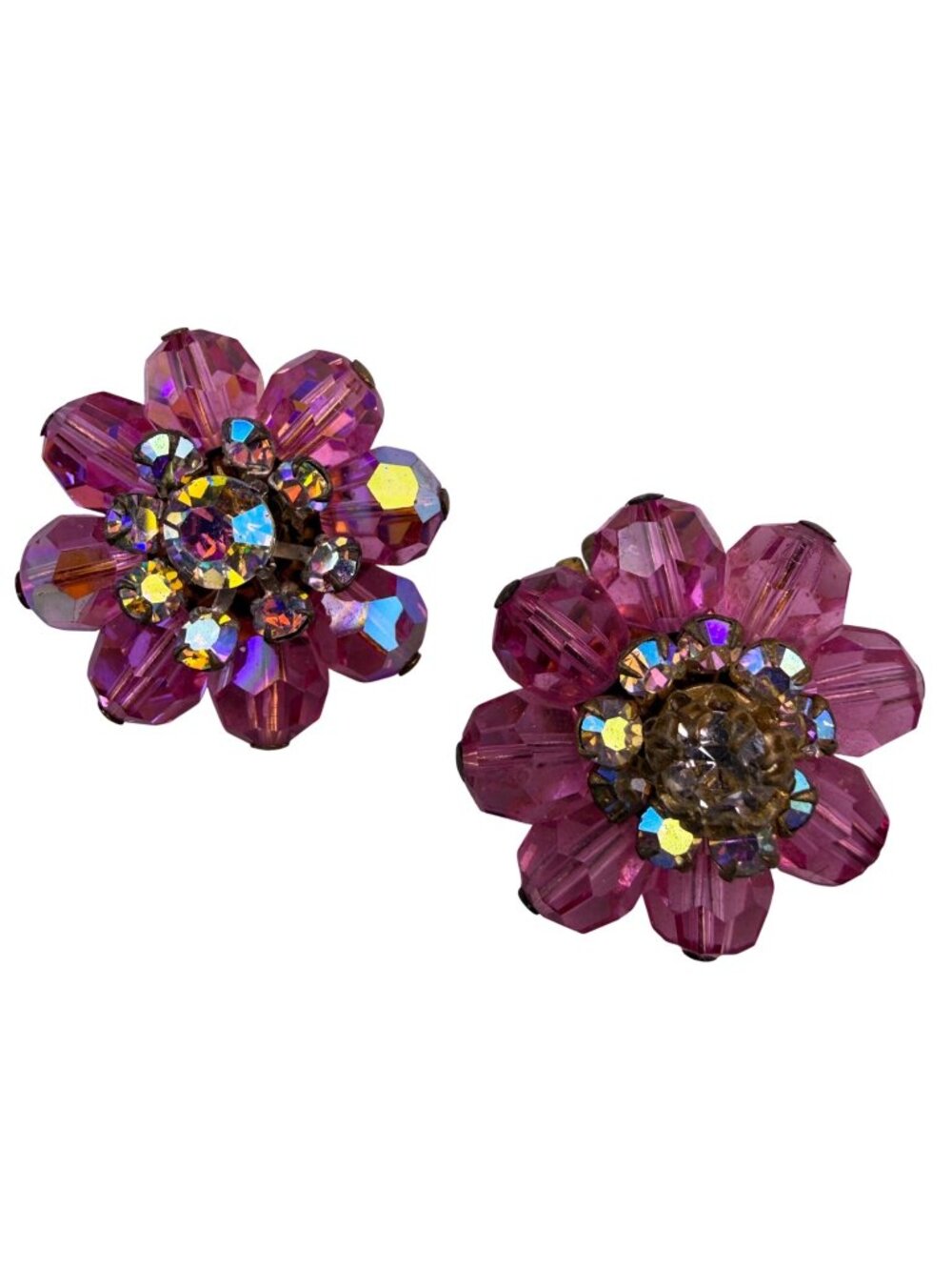 Vendome Womens Pink Crystal Rhinestone Clip-On Floral Earrings Gold Tone Vintage